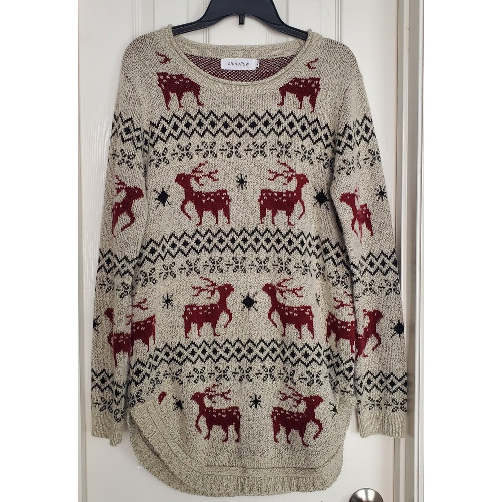 Shineflow Womens XL Reindeer Fair Isle Knit Sweater Oatmeal Red High Low Hem